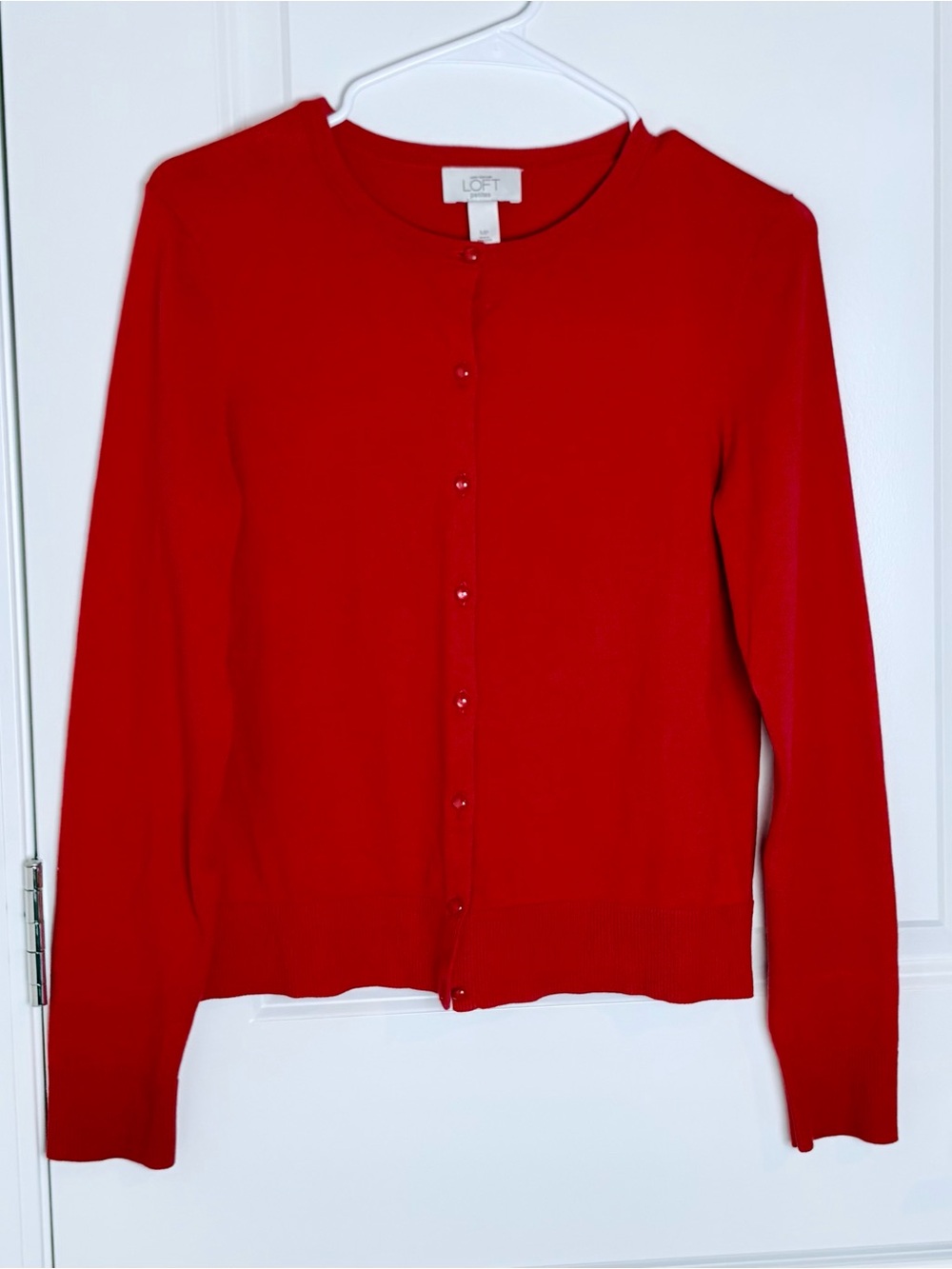 LOFT Red Crewneck Button-Front Cardigan. Women Petite M